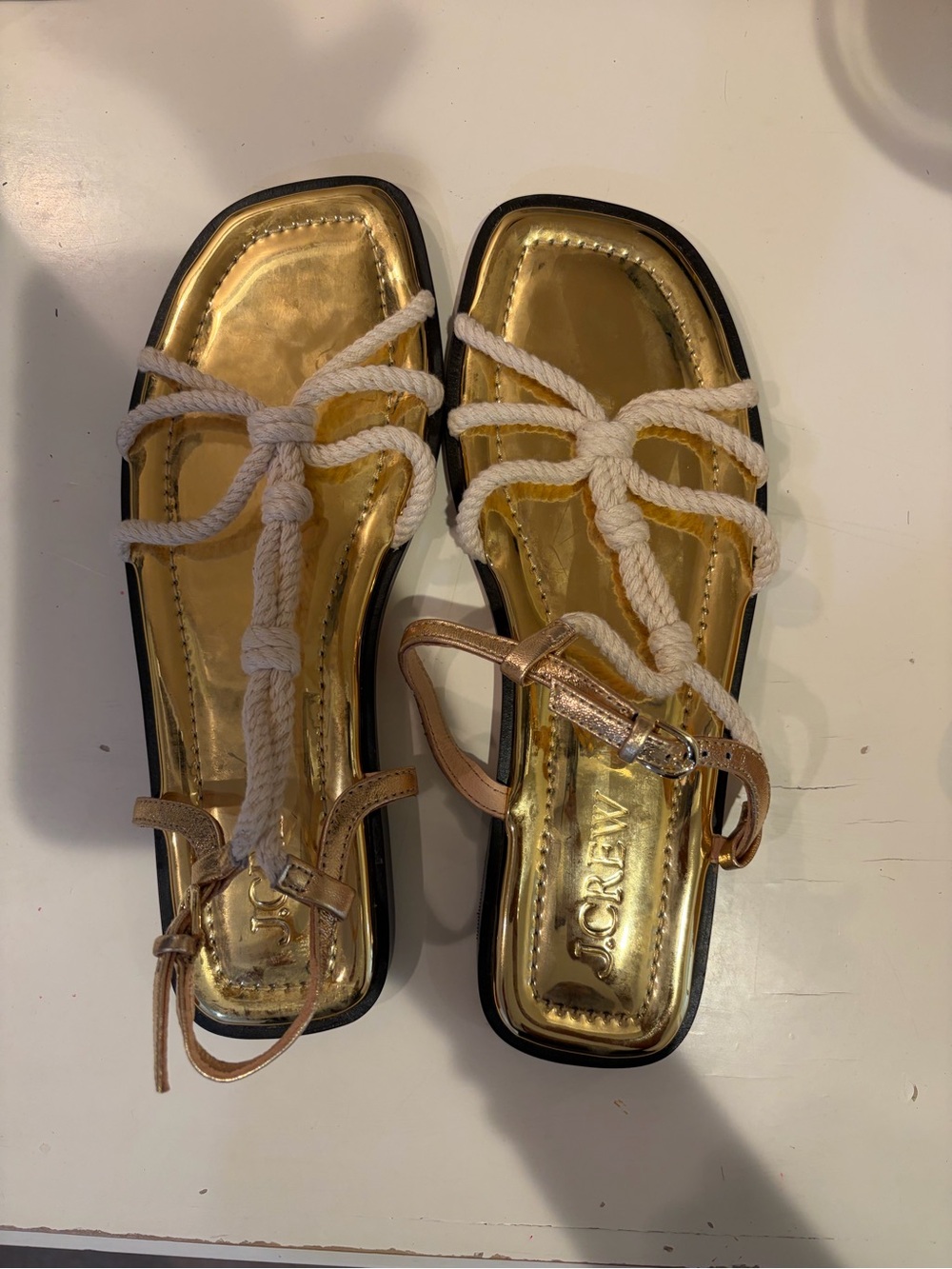 J. Crew Gold Metallic Footbed White Rope T-Strap Sandals